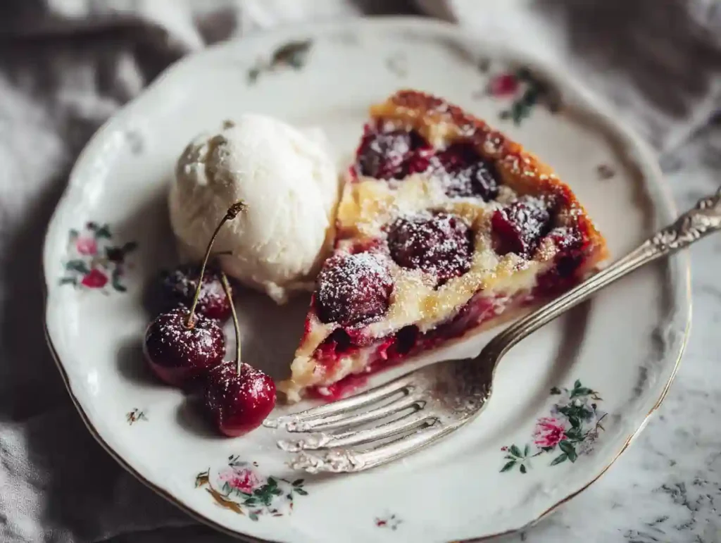 Clafoutis aux cerises au four : la recette traditionnelle inratable des débutants 2 Part de clafoutis aux cerises au four avec glace vanille