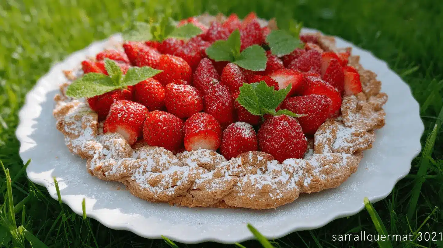 Home page 2 Tarte rustique aux fraises fraîchement préparée sur une assiette blanche, garnie de menthe et saupoudrée de sucre glace, posée sur l'herbe verte.