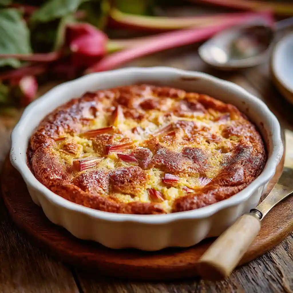 Clafoutis rhubarbe au four : la recette facile et moelleuse 2 Clafoutis rhubarbe au four doré et fondant sur une table rustique