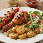 Assiette composée avec le poulet mariné au four façon barbecue, accompagné de brochettes de légumes, pommes de terre grenailles et salade.