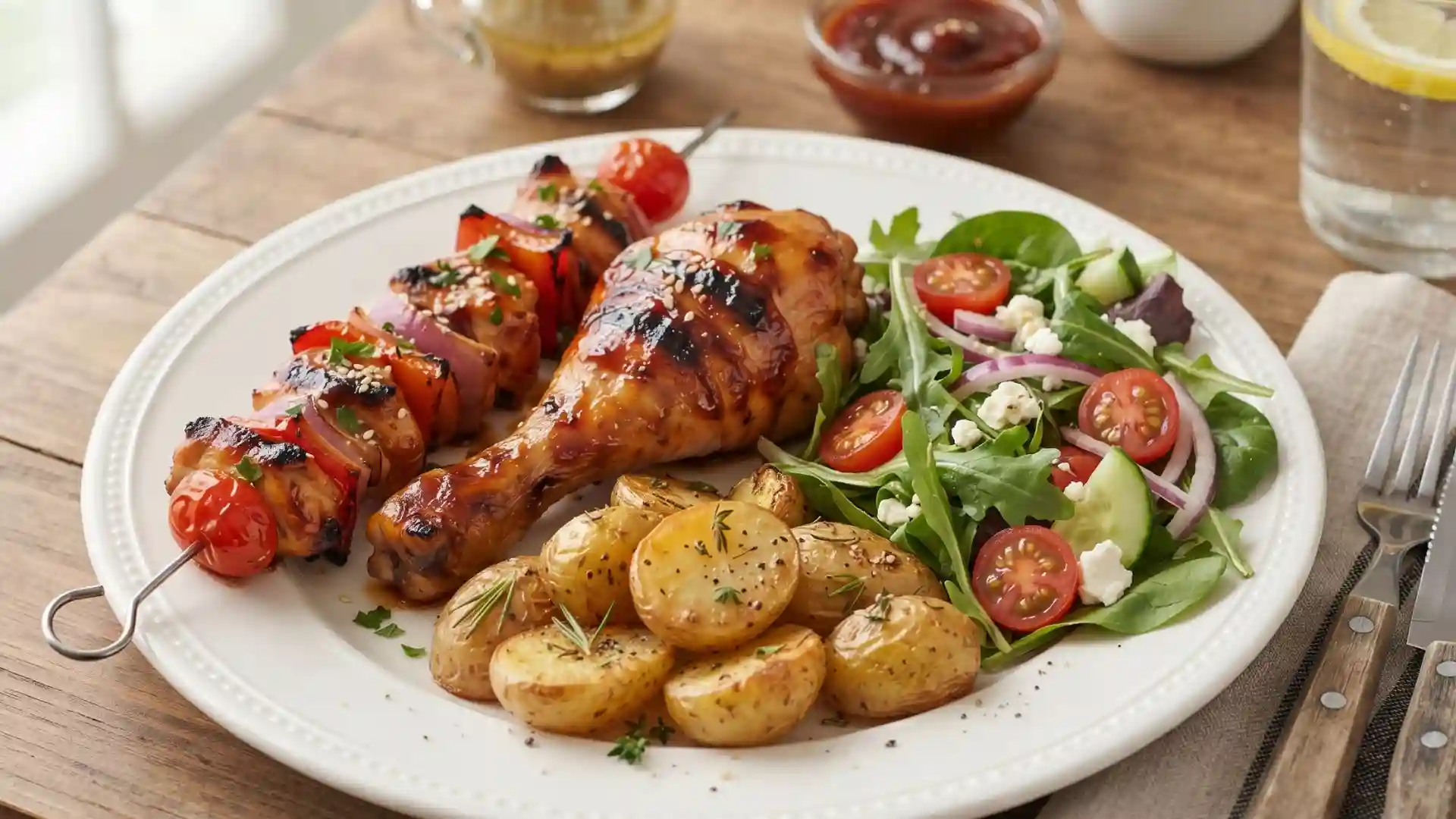 Poulet mariné au four façon barbecue : la recette facile et ultra-tendre 3 Assiette composée avec le poulet mariné au four façon barbecue, accompagné de brochettes de légumes, pommes de terre grenailles et salade.