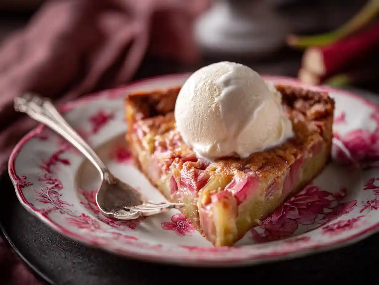 Des Recettes Maison Simples et Authentiques à Tester 2 Part de clafoutis rhubarbe au four servie tiède avec de la glace vanille