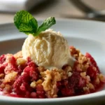 Portion de crumble aux fraises facile servi tiède avec de la glace vanille