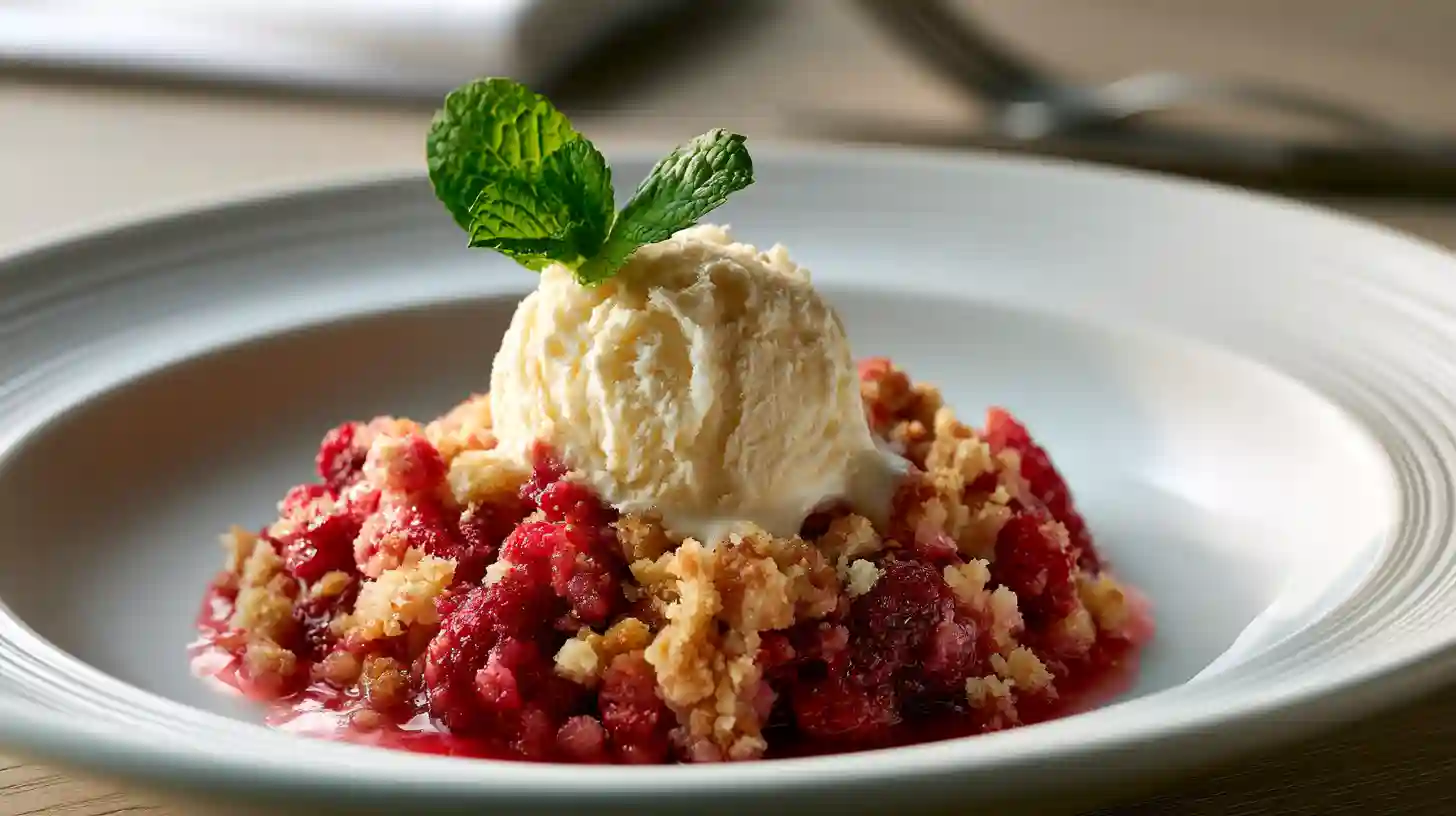Portion de crumble aux fraises facile servi tiède avec de la glace vanille