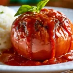 Assiette de service avec une tomate farcie au four et son riz pilaf