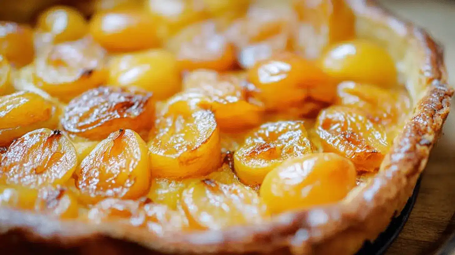 Un juteux dessert de tarte aux mirabelles au four, garni d'un mélange de fruits variés en tons d'orange et d'jaune.