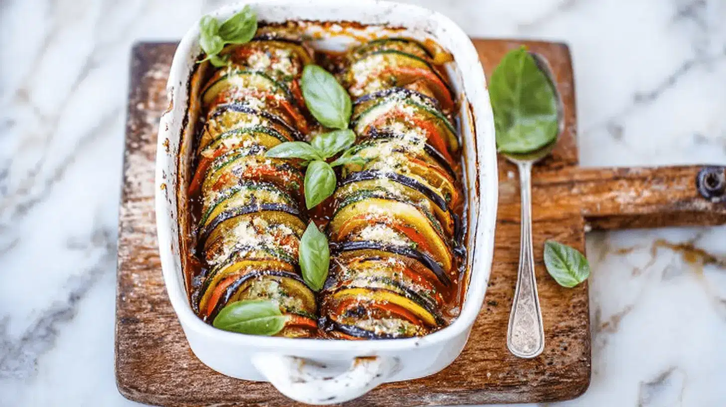 Des Recettes Maison Simples et Authentiques à Tester 5 Tian de légumes au four fraîchement sorti du four, avec courgettes, aubergines et tomates, parsemé de basilic frais sur une planche en bois rustique.