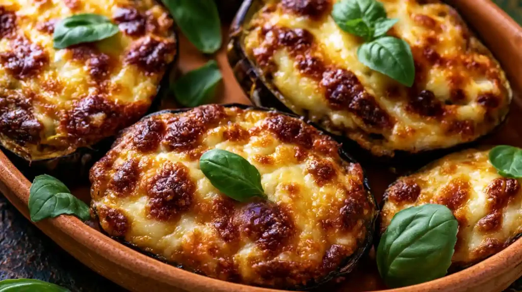 Aubergines farcies au four gratinées et fondantes à l'italienne.