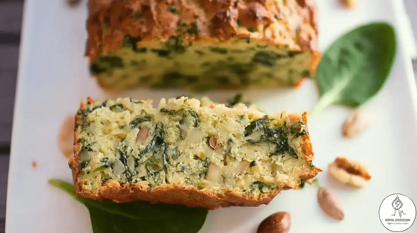 Des Recettes Maison Simples et Authentiques à Tester 5 Un pain salé moelleux garni de feuilles de chou vertes et d'ammandes blanchies, présenté sur une assiette blanche.