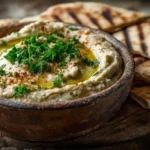 Caviar d'aubergine au four maison servi avec pain pita
