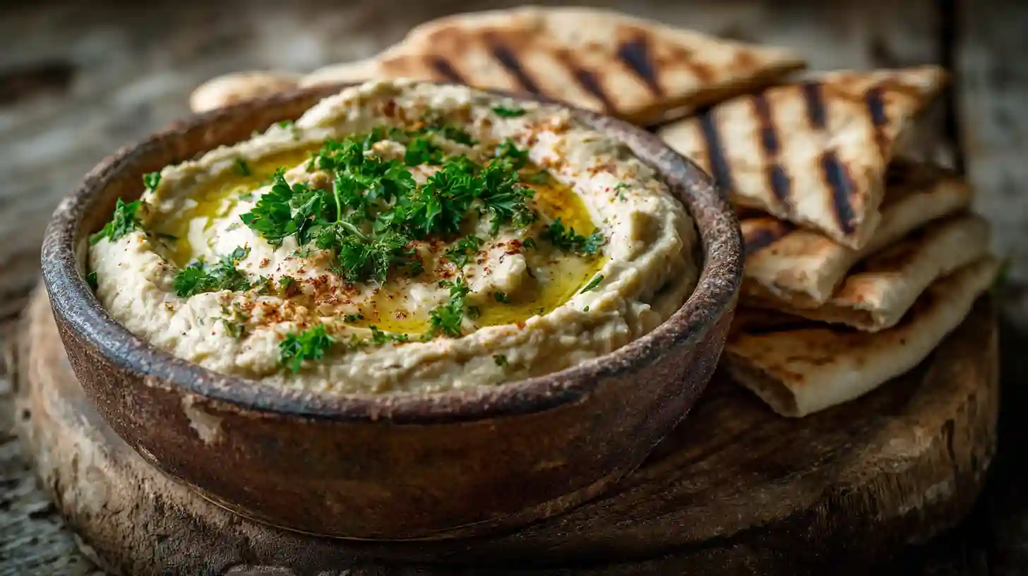Caviar d'aubergine au four maison servi avec pain pita
