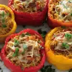 six bell peppers stuffed with rice, cheese, and herbs on a white plate