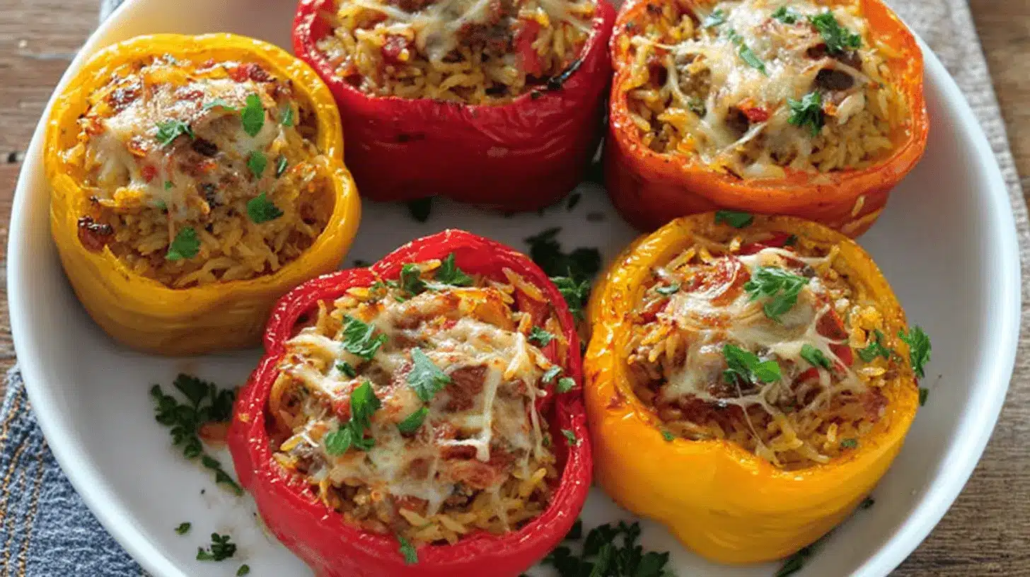 six bell peppers stuffed with rice, cheese, and herbs on a white plate