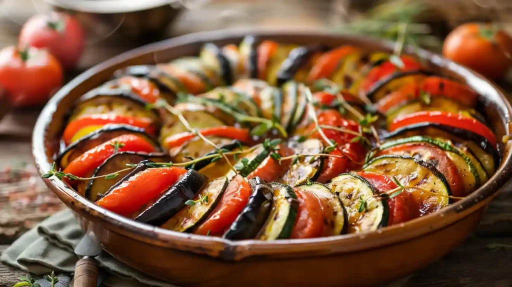 ratatouille au four dorée et confite dans un plat en céramique
