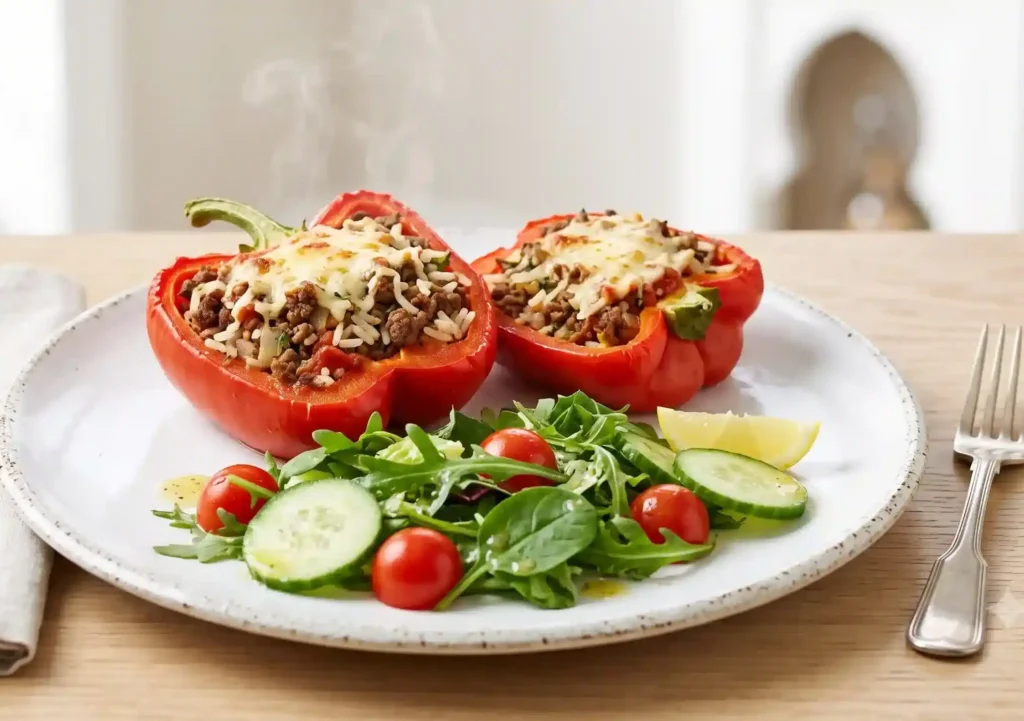poivrons farcis au four coupe en deux avec une cuillere de farce