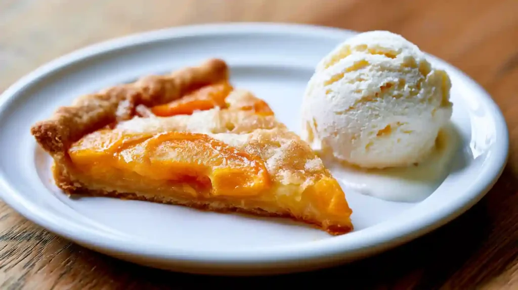 part de tarte aux abricots et poudre d'amande avec glace vanille