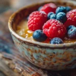 Bowl cake au four doré aux fruits frais et miel pour le petit déjeuner