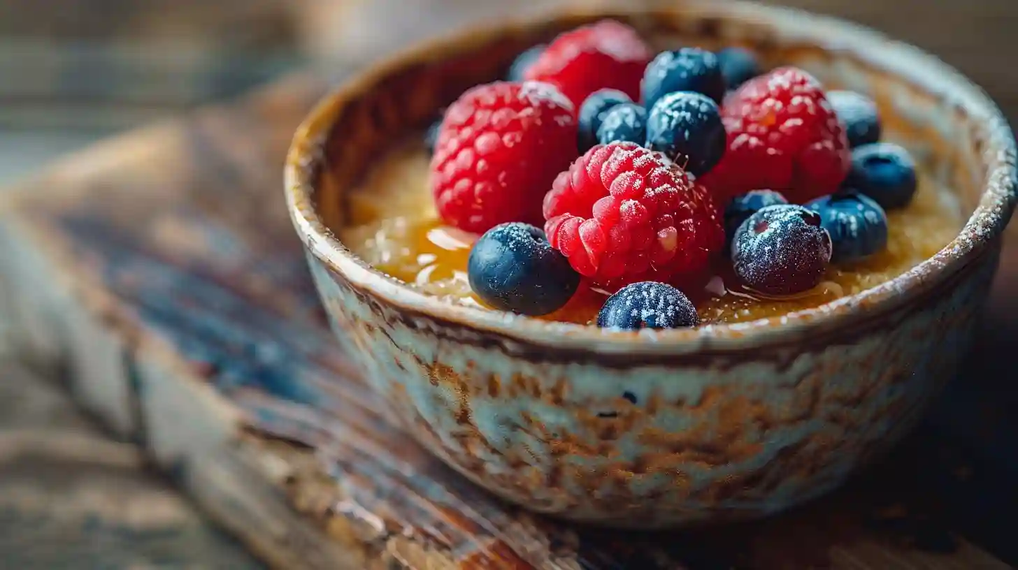 Bowl cake au four doré aux fruits frais et miel pour le petit déjeuner