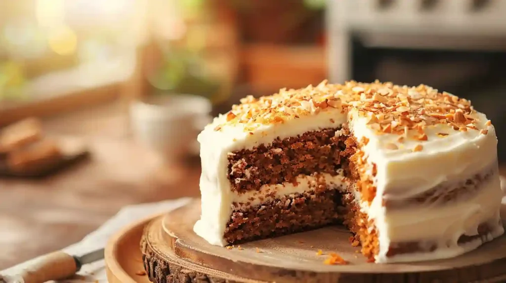Cake aux carottes au four : la recette moelleuse et facile réussie à coup sûr 2 Cake aux carottes au four moelleux nappé d'un glaçage blanc brillant sur une table en bois.