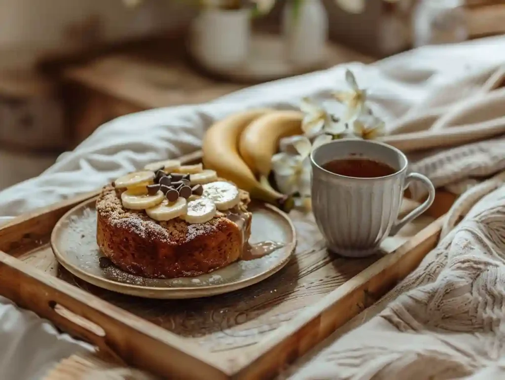 Service du bowl cake au four avec pépites de chocolat et thé vert