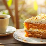 Part de cake aux carottes au four servie sur une assiette pour le goûter.