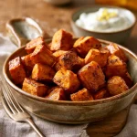 bol de patate douce rôtie au four epices servi avec sauce yaourt