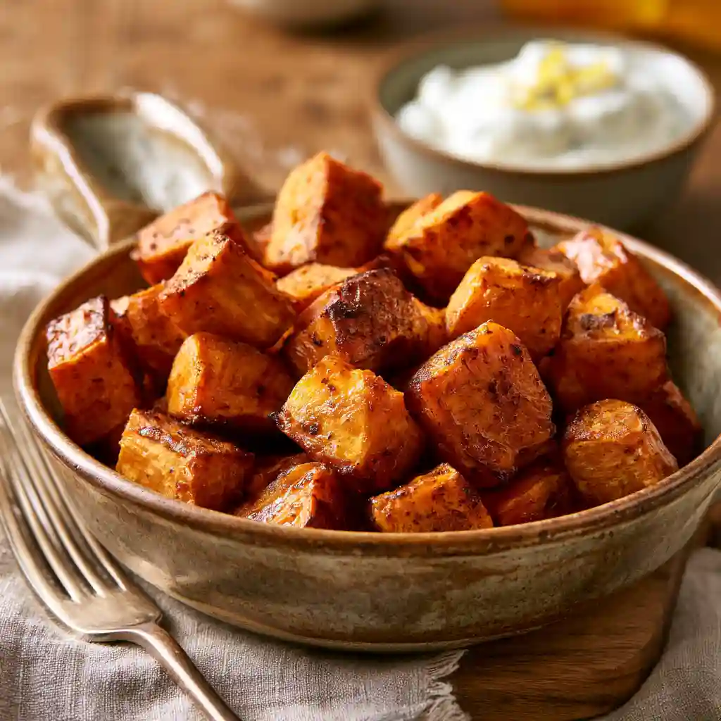 Des Recettes Maison Simples et Authentiques à Tester 5 bol de patate douce rôtie au four epices servi avec sauce yaourt