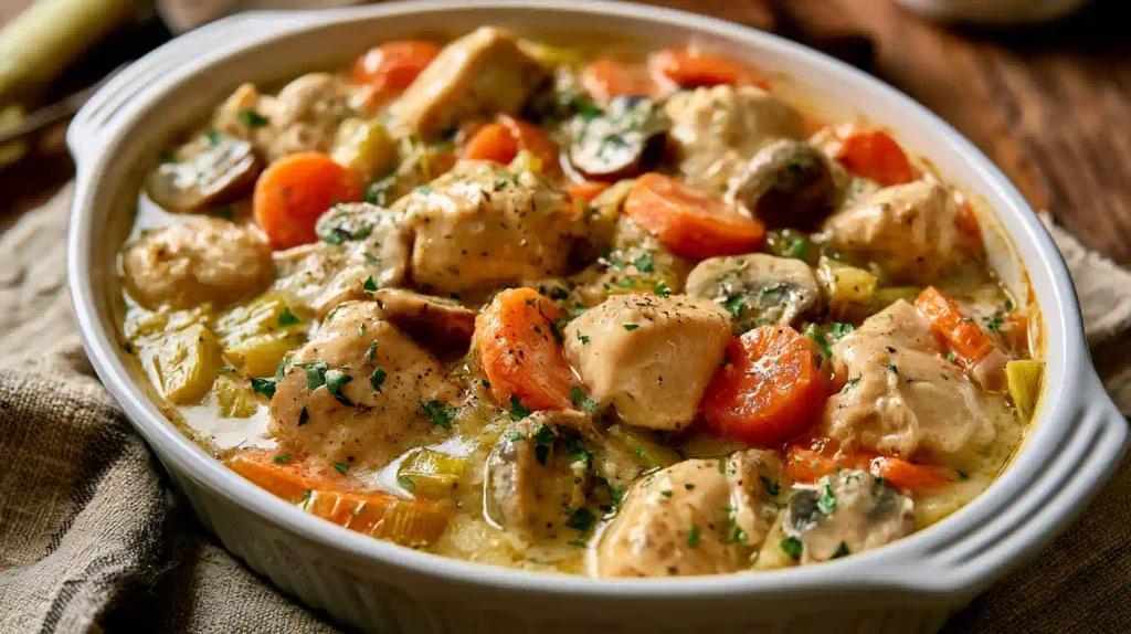 Blanquette de poulet au four crémeuse et inratable : le régal familial facile 2 blanquette de poulet au four crémeuse dans un plat à gratin