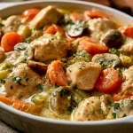 blanquette de poulet au four crémeuse dans un plat à gratin