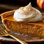 Part de tarte à la citrouille au four servie avec de la chantilly maison et de la cannelle