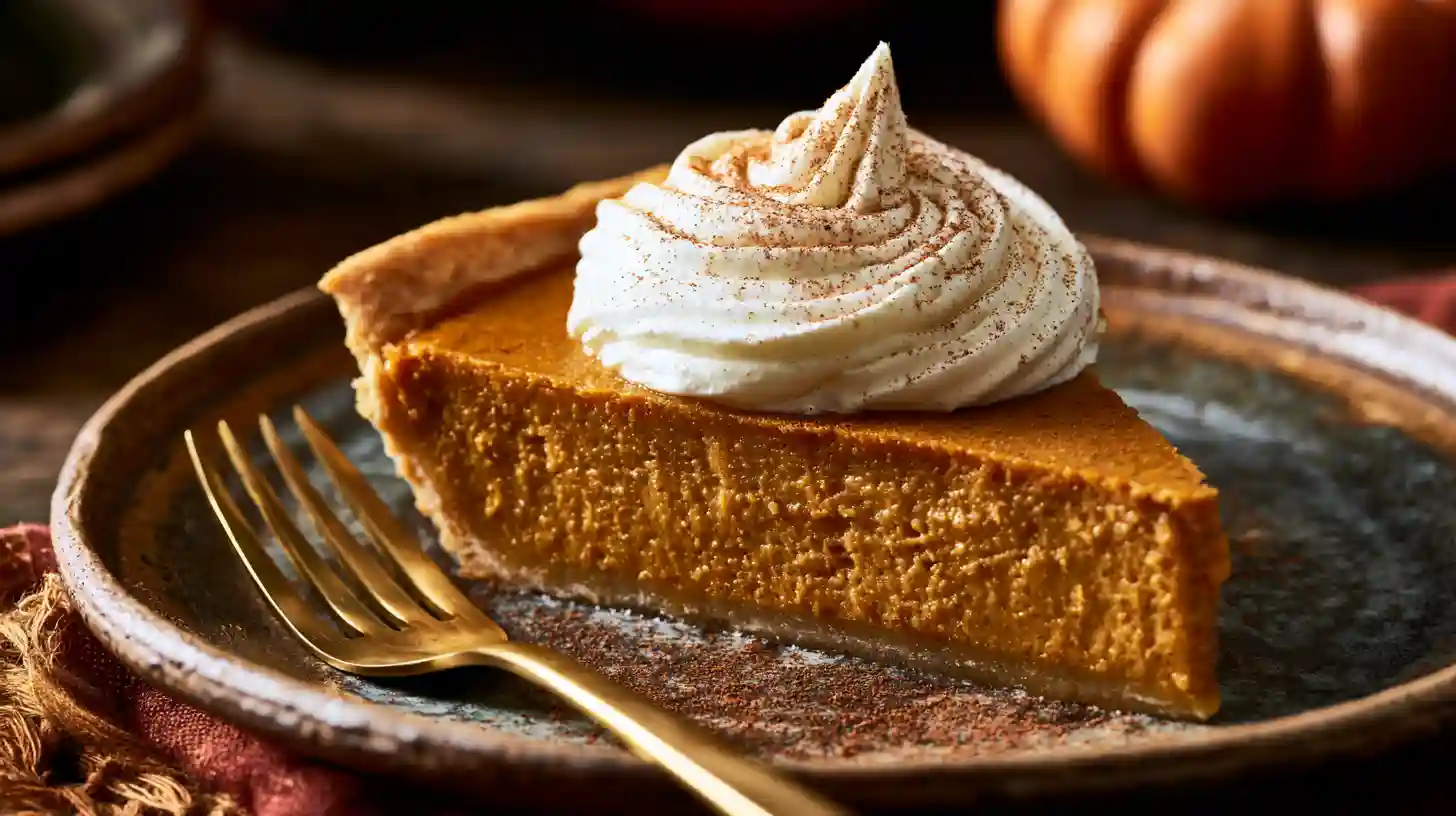 Des Recettes Maison Simples et Authentiques à Tester 2 Part de tarte à la citrouille au four servie avec de la chantilly maison et de la cannelle