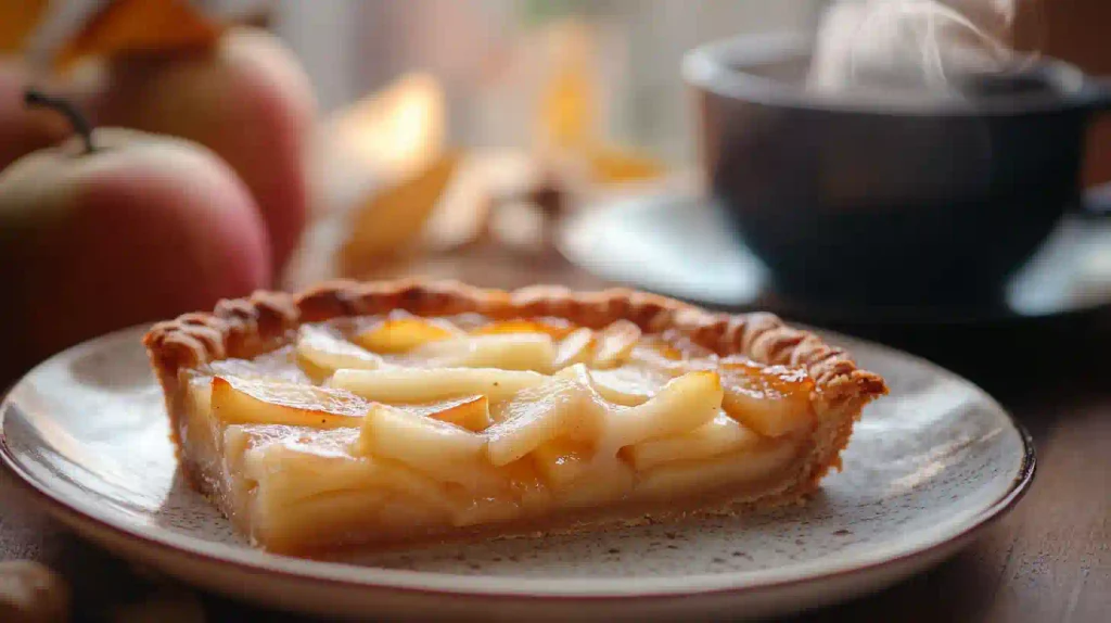 Tarte aux pommes facile : le secret d'une cuisson au four parfaite 2 Part de tarte aux pommes facile et croustillante servie avec un thé