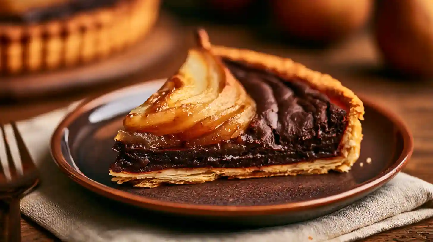 Des Recettes Maison Simples et Authentiques à Tester 2 part de tarte poire chocolat servie sur assiette dessert