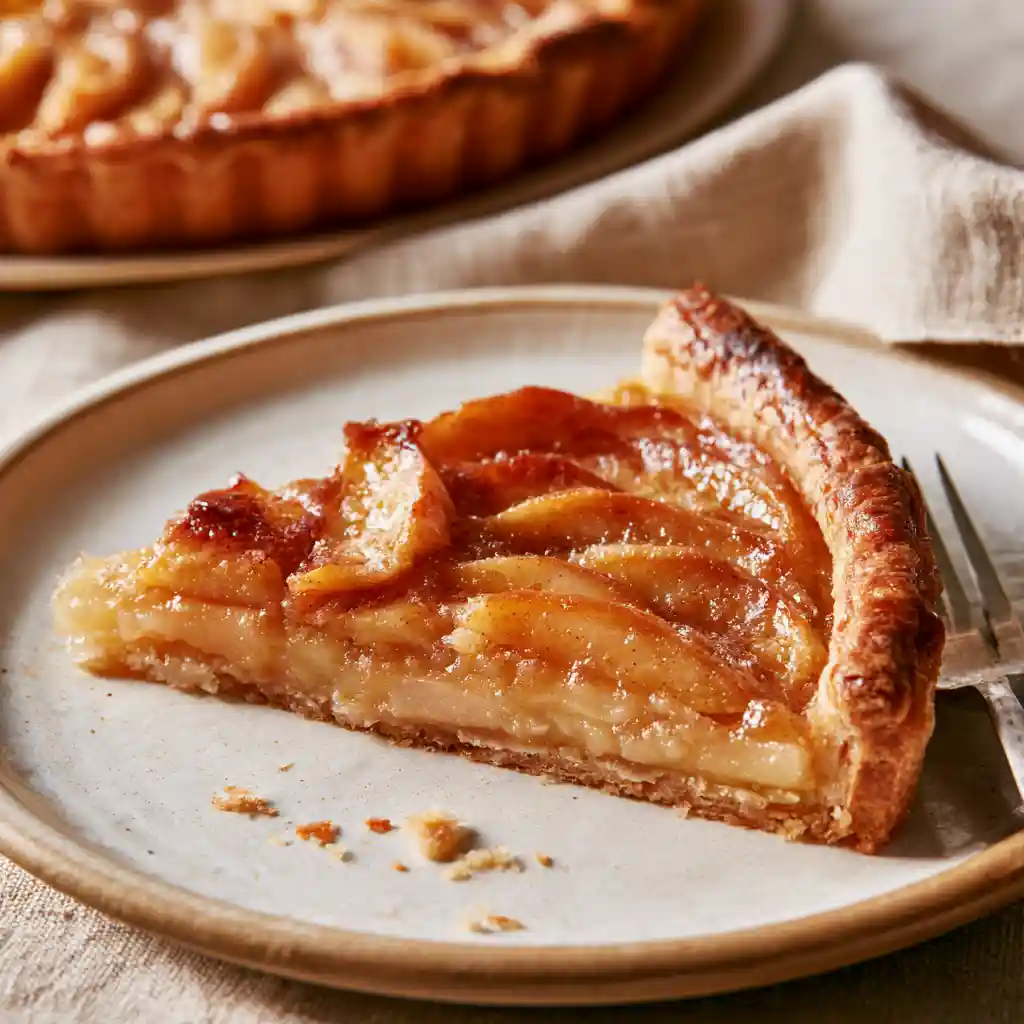Part de tarte aux fruits maison dorée au four, prête à être dégustée.