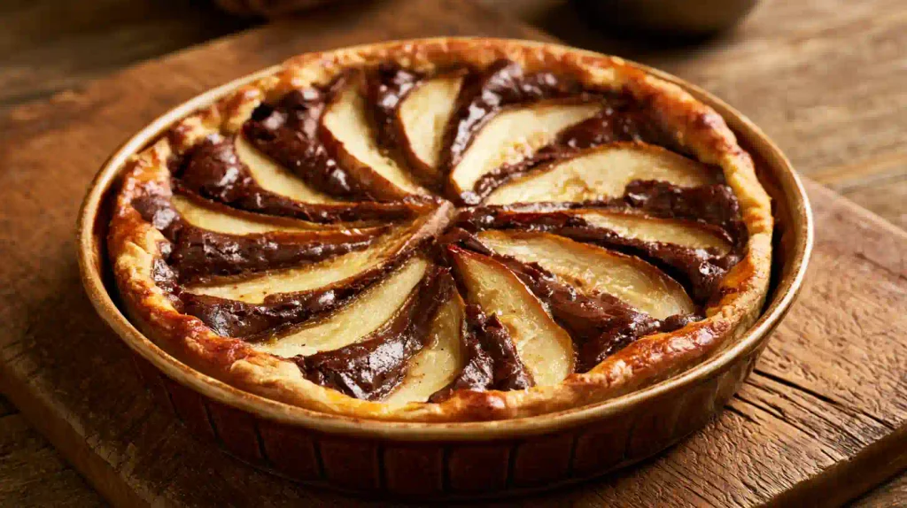 Tarte poire chocolat au four : la recette croustillante inratable 2 tarte poire chocolat au four bien dorée sur table rustique